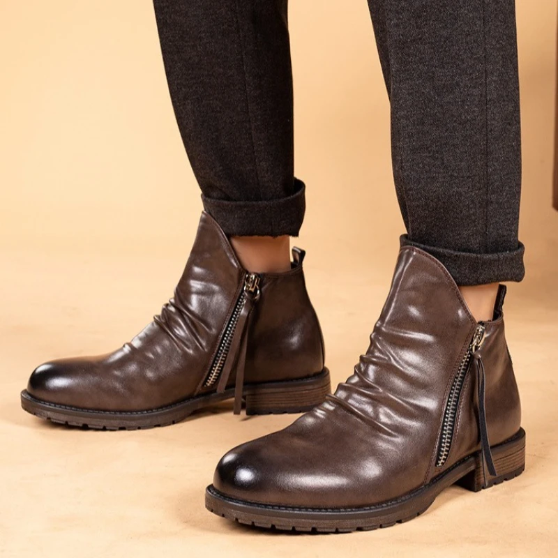 Cowboylaarzen voor heren Vierkante neus Zacht PU-leer Enkel Westernlaarzen Retro Slip On Chelsea Boot Casual comfortabele kledingschoenen - Image 2