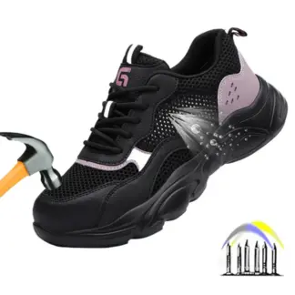 zomer ademende werkschoenen industriële lichtgewicht veiligheidsschoenen voor dames zwart roze arbeidsbeschermingsschoenen sneakers met stalen neus