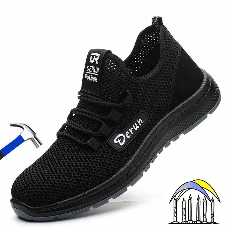 Zomerse veiligheidsschoenen, industriële zwarte werkschoenen met stalen neus, lekbestendig, lichtgewicht constructie, veiligheidsneus sneakers