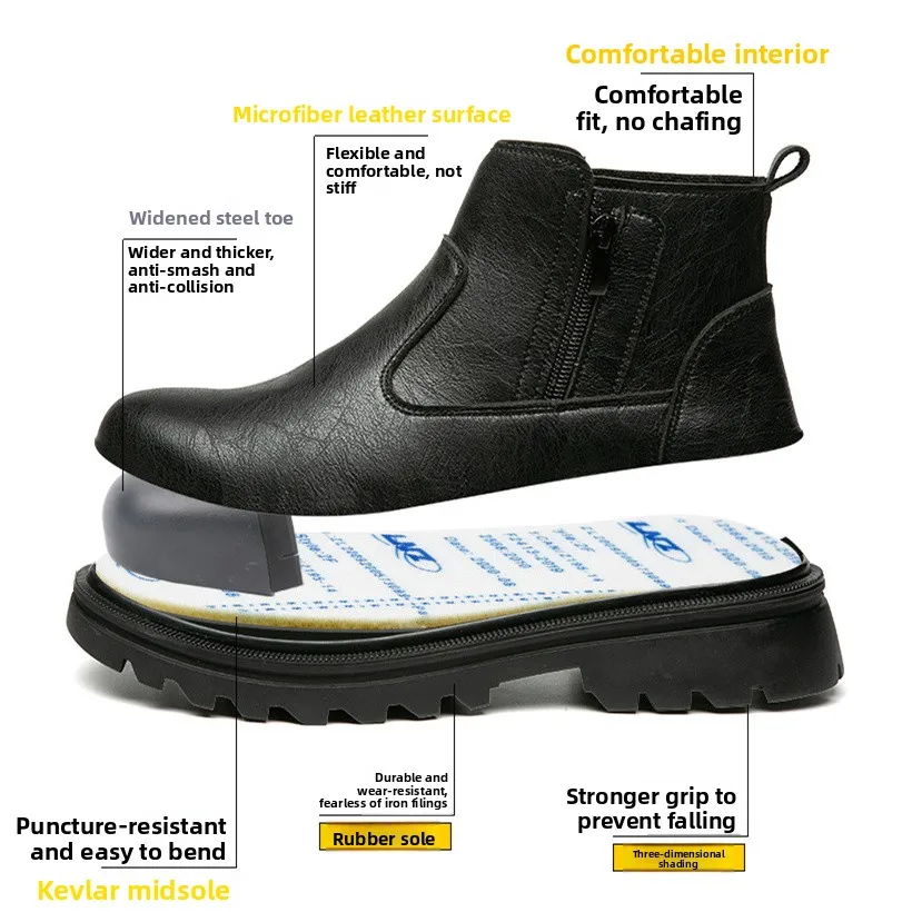 Laarzen met stalen neus, waterdichte lederen werkschoenen met ritssluiting aan de zijkant, antislip sneakers, heren anti-smash anti-lek veiligheidsschoenen - Image 6
