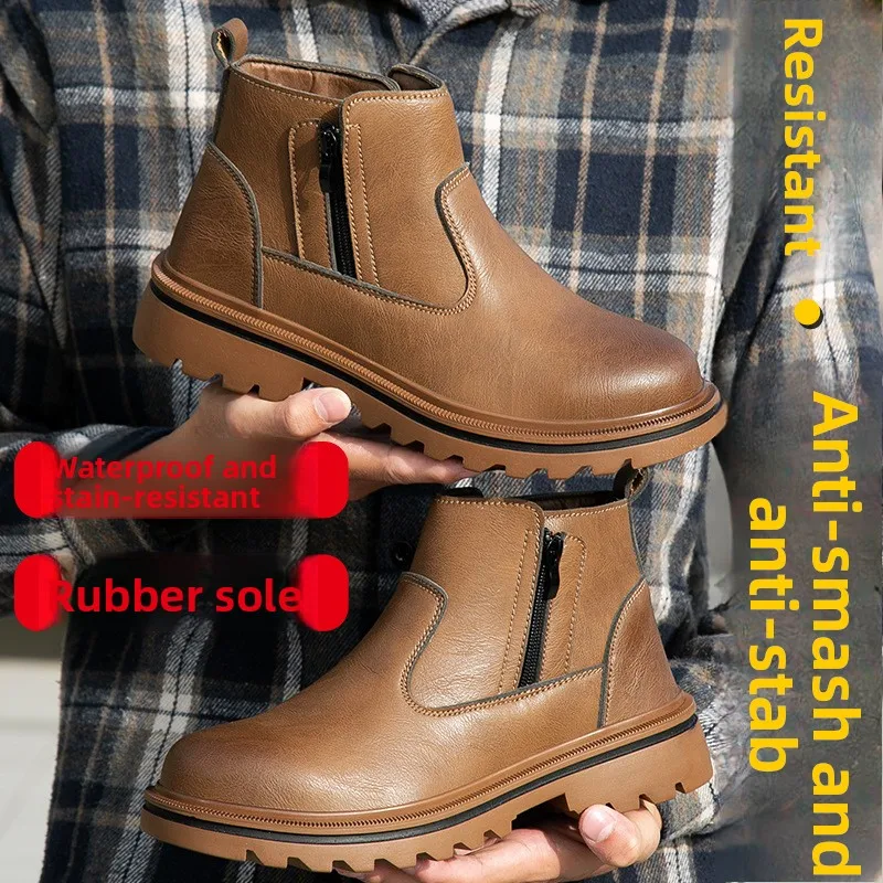 Laarzen met stalen neus, waterdichte lederen werkschoenen met ritssluiting aan de zijkant, antislip sneakers, heren anti-smash anti-lek veiligheidsschoenen - Image 3