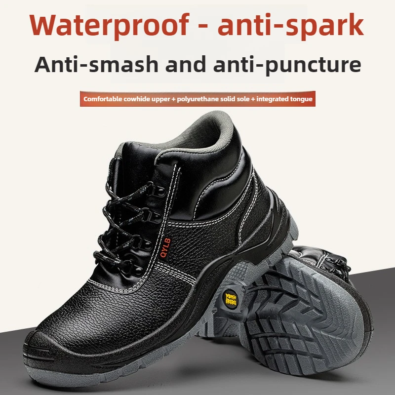 werklaarzen met stalen neus voor heren anti smash anti-lek zwarte leren schoenen man industriële constructie veiligheid waterdichte schoenen - Image 3