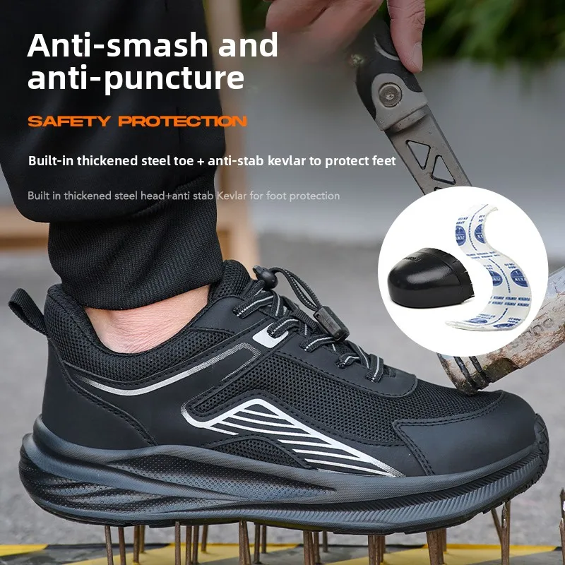 Zomerse veiligheidsschoenen met brede neus voor heren, anti-steek, lichtgewicht, zomerse werkschoenen voor heren, anti-crush veiligheidssneakers, stalen neus enkellaarzen - Image 3