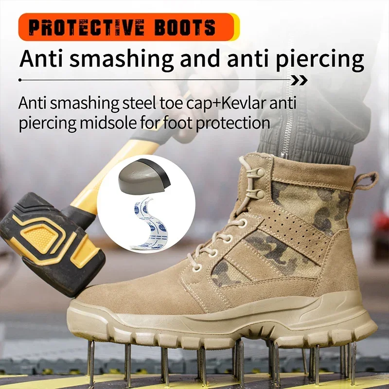 Werklaarzen met stalen neus voor heren, anti-verbrandingsschoenen van suède, anti-smash anti-lek industriële veiligheidsschoenen op de bouwplaats - Image 2