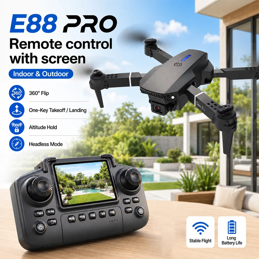 ZNLYRION Foldable FPV Drone E88 Pro with Screen Remote, 480P Dual Camera, Altitude Hold, Headless Mode, and LED Night Light - Image 3