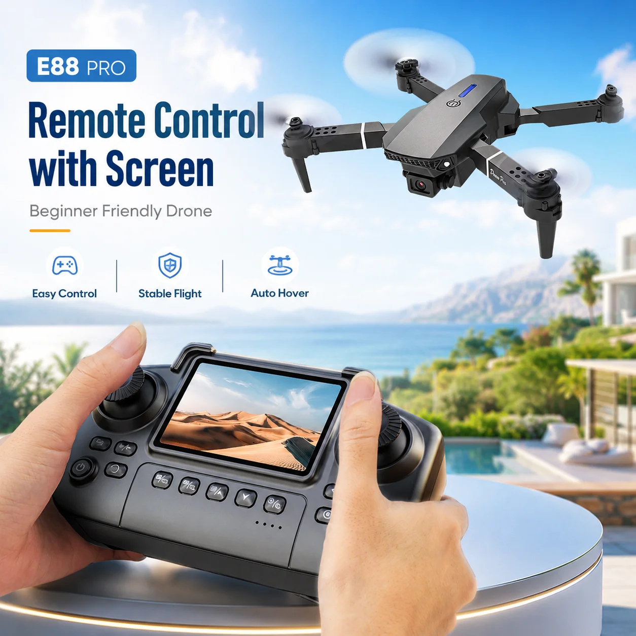 ZNLYRION Foldable FPV Drone E88 Pro with Screen Remote, 480P Dual Camera, Altitude Hold, Headless Mode, and LED Night Light - Image 5