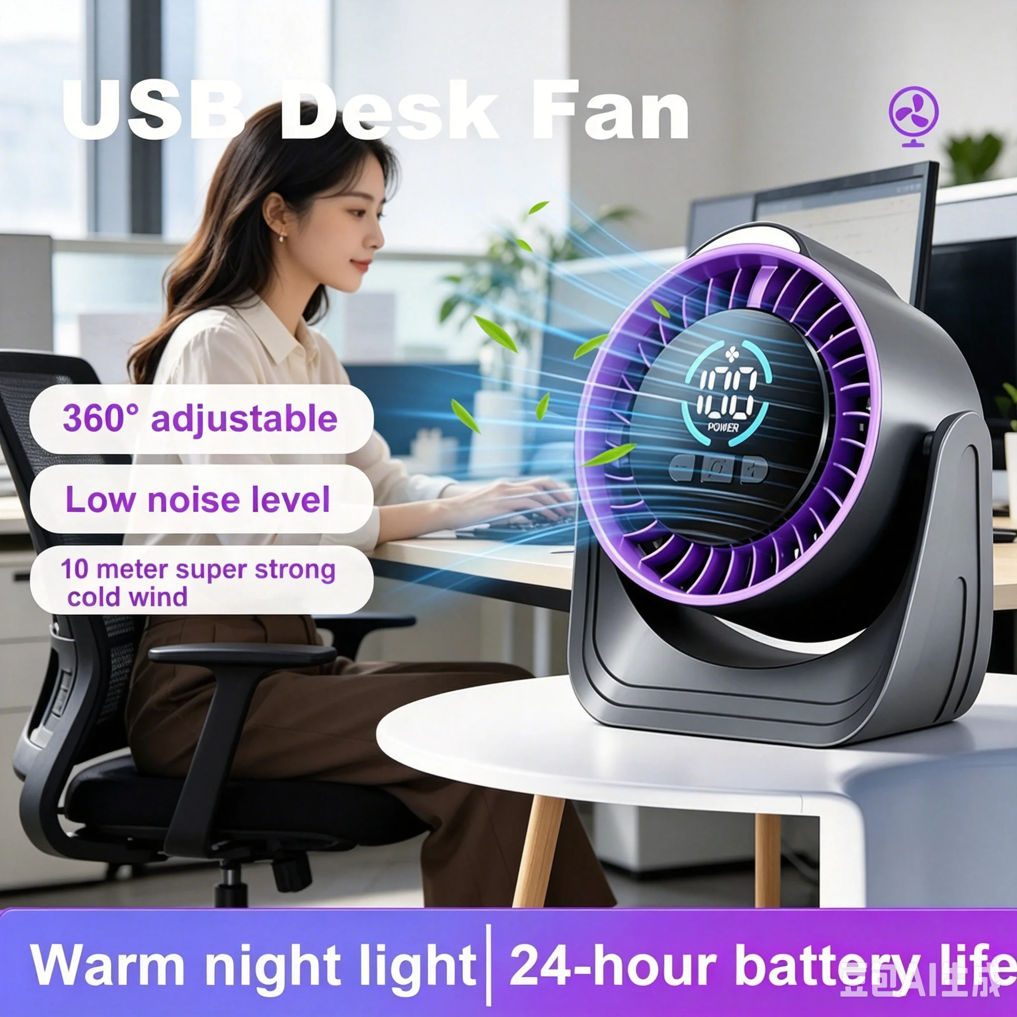 ZNLYRION Portable Silent Desktop Air Circulator Fan Rechargeable Battery Operated Small Cooling Fan with LED Night Light - Image 5