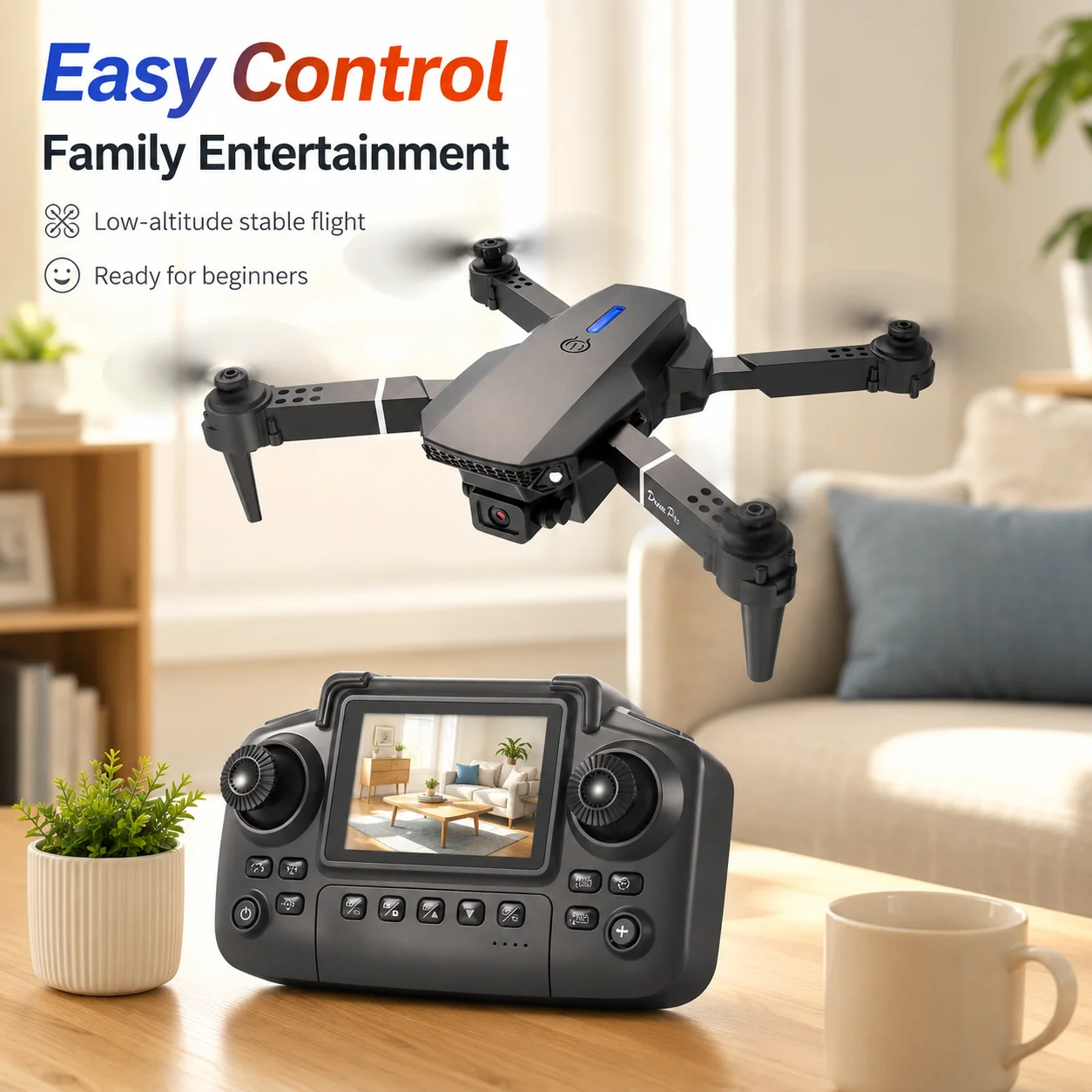 ZNLYRION Foldable FPV Drone E88 Pro with Screen Remote, 480P Dual Camera, Altitude Hold, Headless Mode, and LED Night Light - Image 4