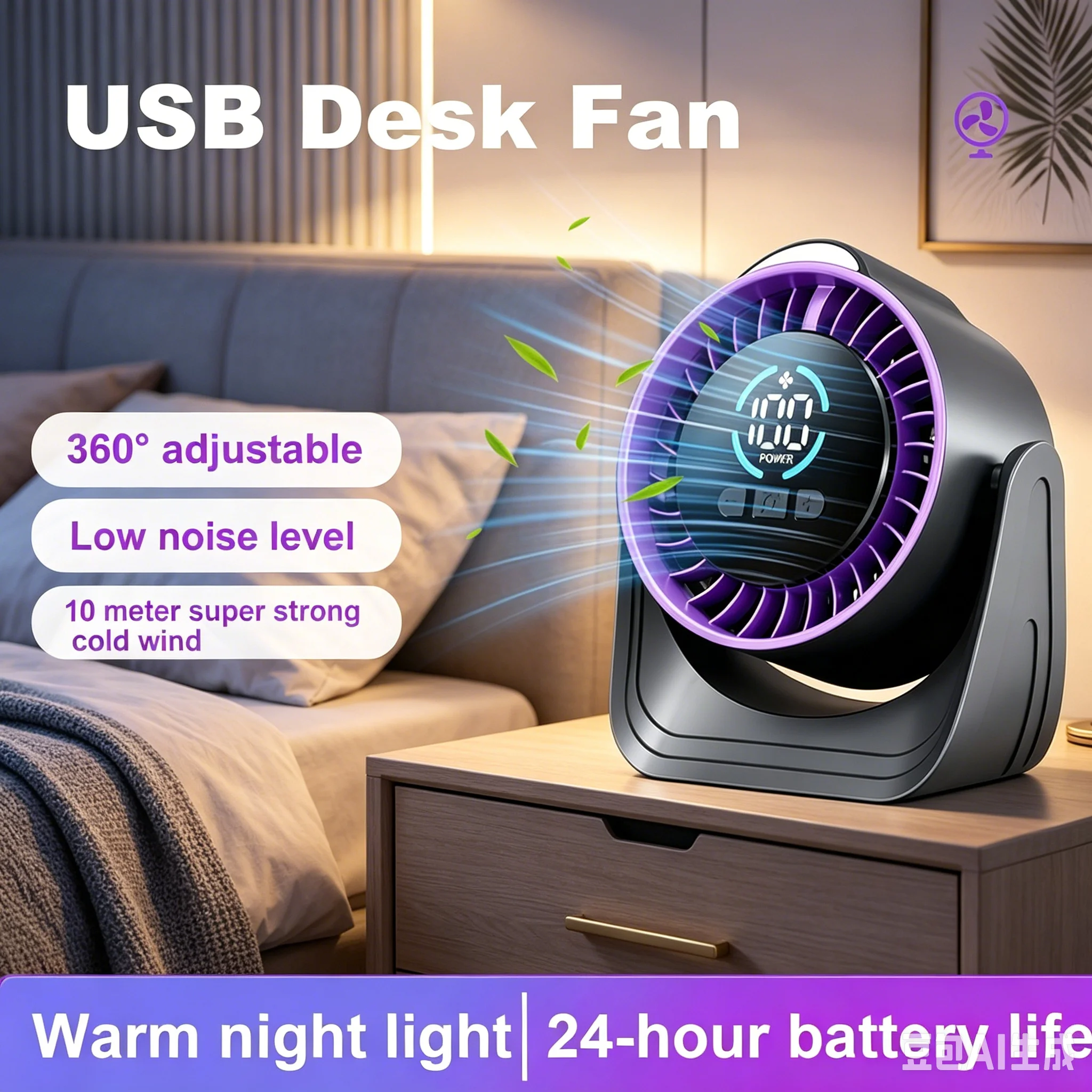 ZNLYRION Portable Silent Desktop Air Circulator Fan Rechargeable Battery Operated Small Cooling Fan with LED Night Light - Image 4