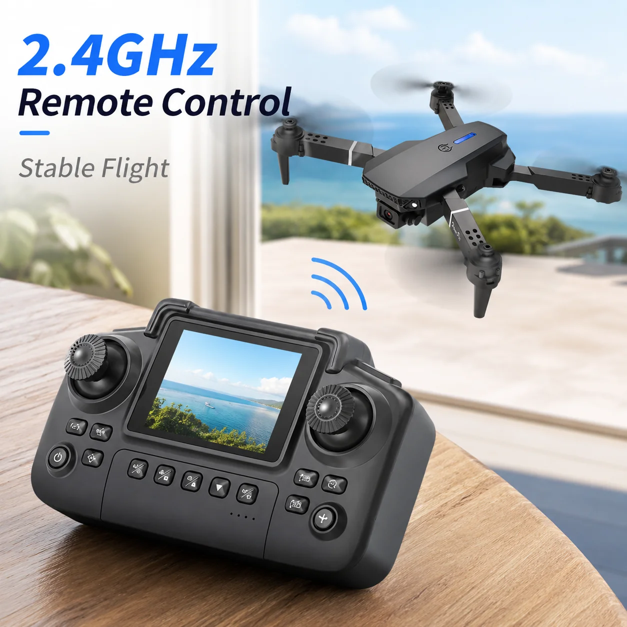 ZNLYRION Foldable FPV Drone E88 Pro with Screen Remote, 480P Dual Camera, Altitude Hold, Headless Mode, and LED Night Light - Image 7