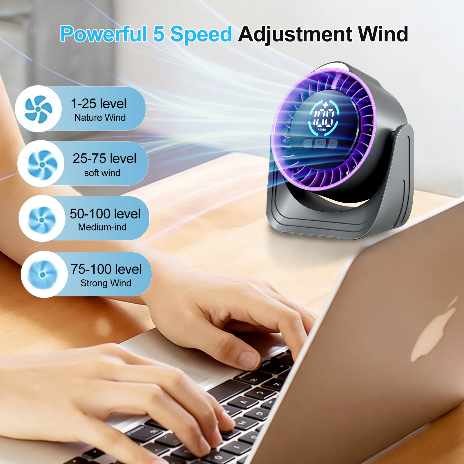 ZNLYRION Portable Silent Desktop Air Circulator Fan Rechargeable Battery Operated Small Cooling Fan with LED Night Light - Image 2