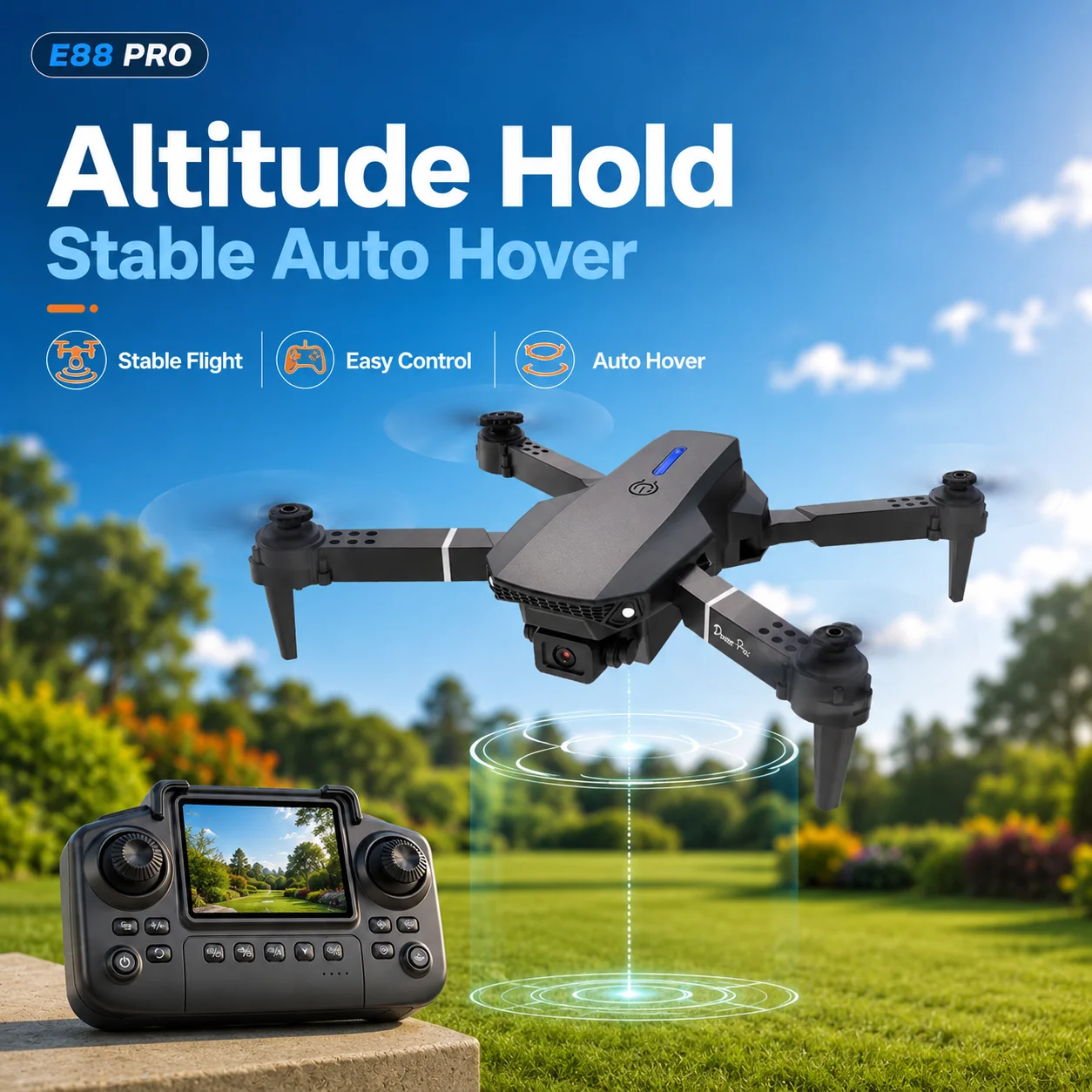 ZNLYRION Foldable FPV Drone E88 Pro with Screen Remote, 480P Dual Camera, Altitude Hold, Headless Mode, and LED Night Light - Image 2
