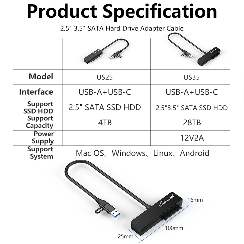 Blueendless USB 3.0 to SATA III Adapter USB-A Type C Converter for 2.5 3.5 Inch SSD HDD External Hard Drive Data Transfer Cables - Image 2