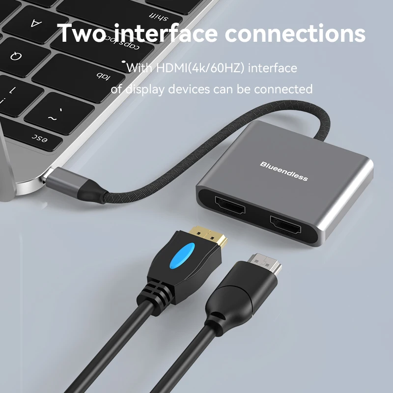 Blueendless TYPE C to dual Hdmi Compatible USB C Hub Splitter 4K 60HZ Dual Screen Expantion For macbook Mobile phone PC