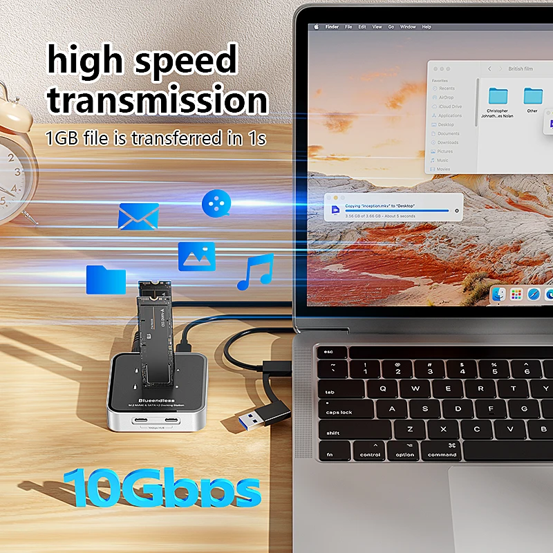 Blueendless Duay-Bay M.2 NVMe / SATA Protocol SSD Docking Station with Hub SSD Reader Type C USB3.1 10Gbps External SSD Case - Image 2