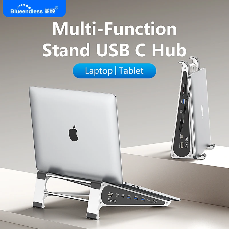 Blueendless Aluminum Laptop Stand with 4K 60Hz HD SD/TF Card Reader USB 3.0 5Gbps 100W PD Charger Type-C Hub Docking Station