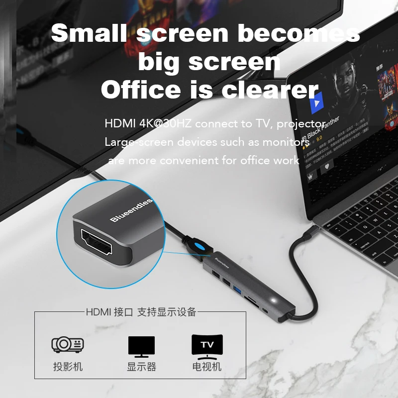 Blueendless Type C HUB 4K 30Hz HDMI-compatible PD 100W USB3.0 HUB USB Splitter TF SD Reader USB Adapter For Macbook Air Pro - Image 4