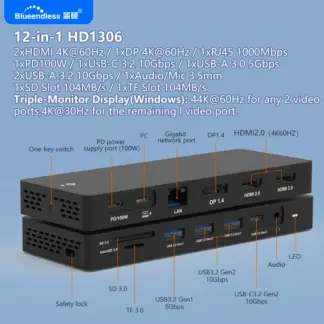Blueendless USB C Docking Station 4K60Hz HDTV Triple Display Dual HDMI 12-in-1 C Hub PD100W RJ45 SD&TF 4.0 for MacBook Laptop