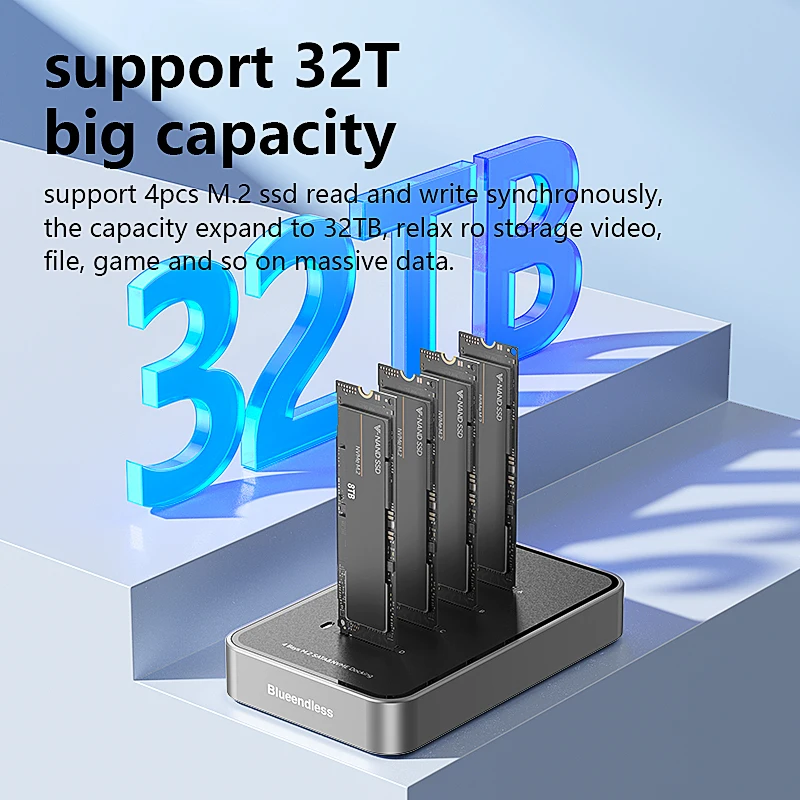 Blueendless 4 Bay M.2 NVMe/SATA SSD Docking Station Type C USB3.1 10Gbps M2 NVMe PCIe SATA NGFF Dual Protocol Aluminum SSD Case - Image 4