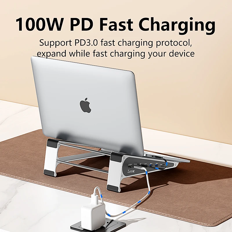 Blueendless Aluminum Laptop Stand with 4K 60Hz HD SD/TF Card Reader USB 3.0 5Gbps 100W PD Charger Type-C Hub Docking Station - Image 3