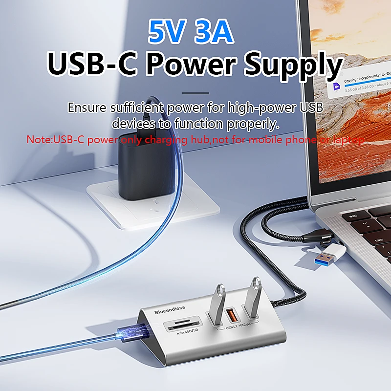 Blueendless Aluminium USB3.2 Gen2 10Gbps 5 Ports HUB with TF SD Card Reader USB-A/USB C Hub 4 IN 1 for PC Computer Laptop MacBoo - Image 6