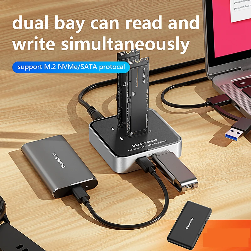 Blueendless Duay-Bay M.2 NVMe / SATA Protocol SSD Docking Station with Hub SSD Reader Type C USB3.1 10Gbps External SSD Case - Image 6