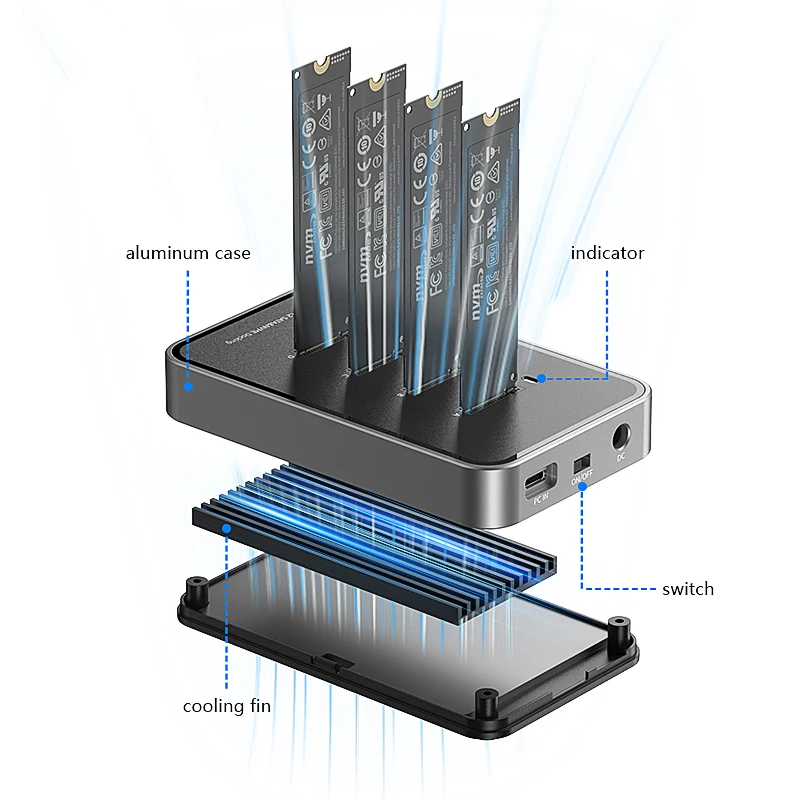 Blueendless 4 Bay M.2 NVMe/SATA SSD Docking Station Type C USB3.1 10Gbps M2 NVMe PCIe SATA NGFF Dual Protocol Aluminum SSD Case - Image 6
