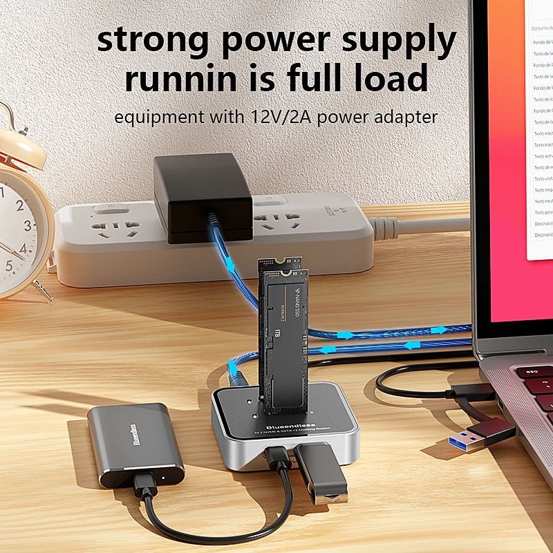 Blueendless Duay-Bay M.2 NVMe / SATA Protocol SSD Docking Station with Hub SSD Reader Type C USB3.1 10Gbps External SSD Case - Image 3