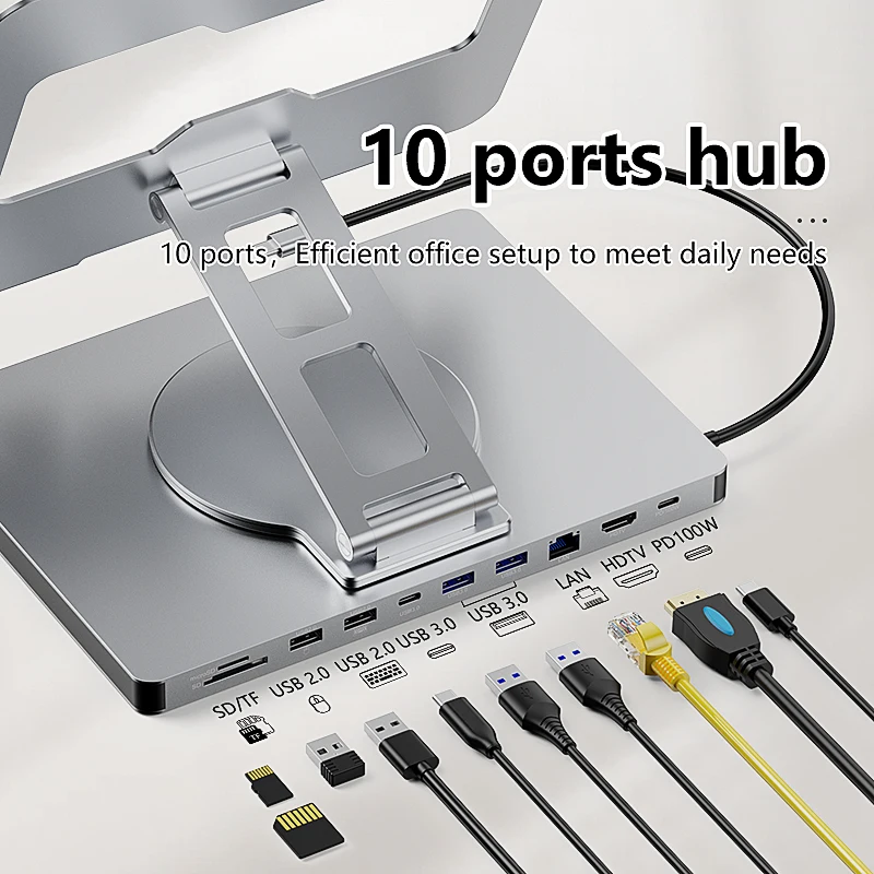 Blueendless Aluminum ipad Holder 10 in 1 Docking C Hub 4K 60Hz Type C Adapter USB3.0 5Gbps 100W PD Charger For Laptop desktop