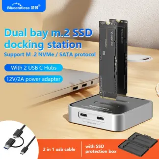 Blueendless Duay-Bay M.2 NVMe / SATA Protocol SSD Docking Station with Hub SSD Reader Type C USB3.1 10Gbps External SSD Case