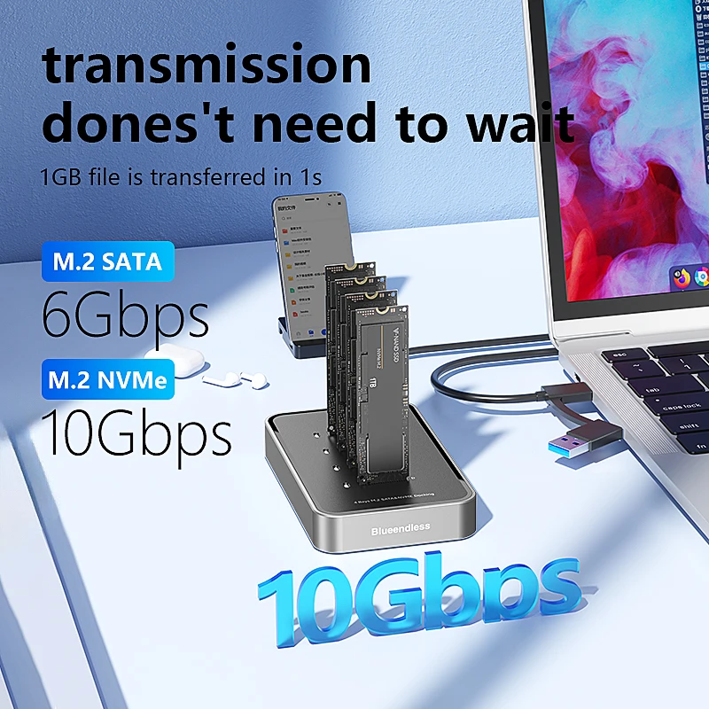 Blueendless 4 Bay M.2 NVMe/SATA SSD Docking Station Type C USB3.1 10Gbps M2 NVMe PCIe SATA NGFF Dual Protocol Aluminum SSD Case - Image 2