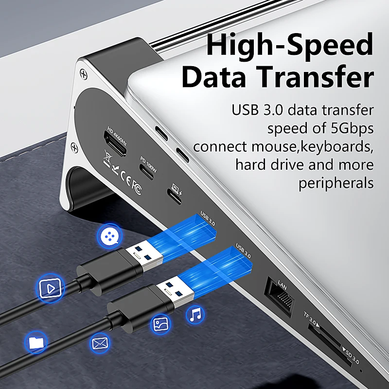 Blueendless Aluminum Laptop Stand with 4K 60Hz HD SD/TF Card Reader USB 3.0 5Gbps 100W PD Charger Type-C Hub Docking Station - Image 2