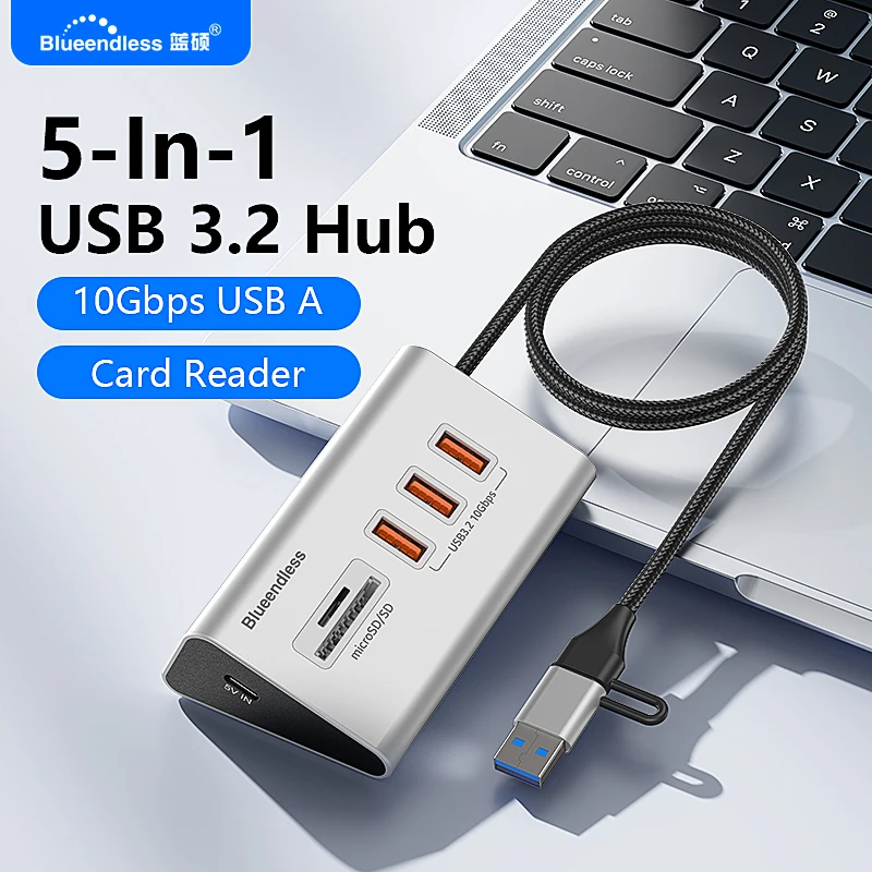 Blueendless Aluminium USB3.2 Gen2 10Gbps 5 Ports HUB with TF SD Card Reader USB-A/USB C Hub 4 IN 1 for PC Computer Laptop MacBoo